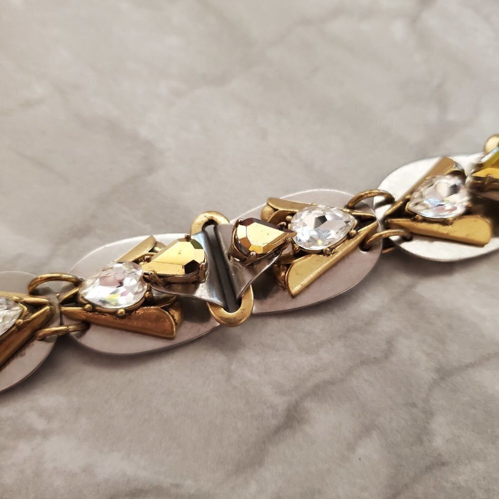 ✨ J.Crew Bracelet Silver Gold Rhinestones Crystals Antiqed Statement Chunky ✨ - Picture 4 of 11